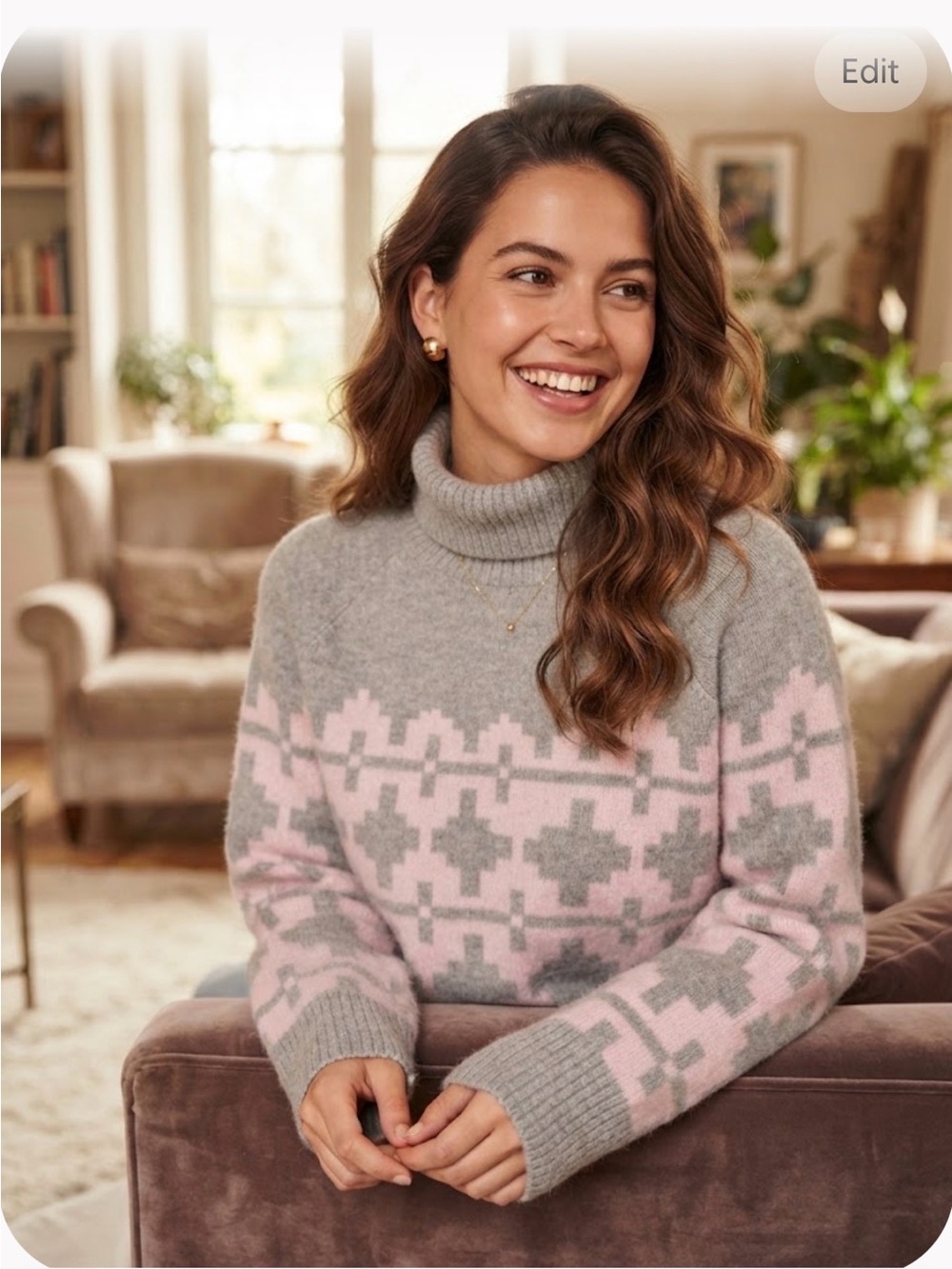 H&M Grey and Pink Patterned Turtleneck Sweater